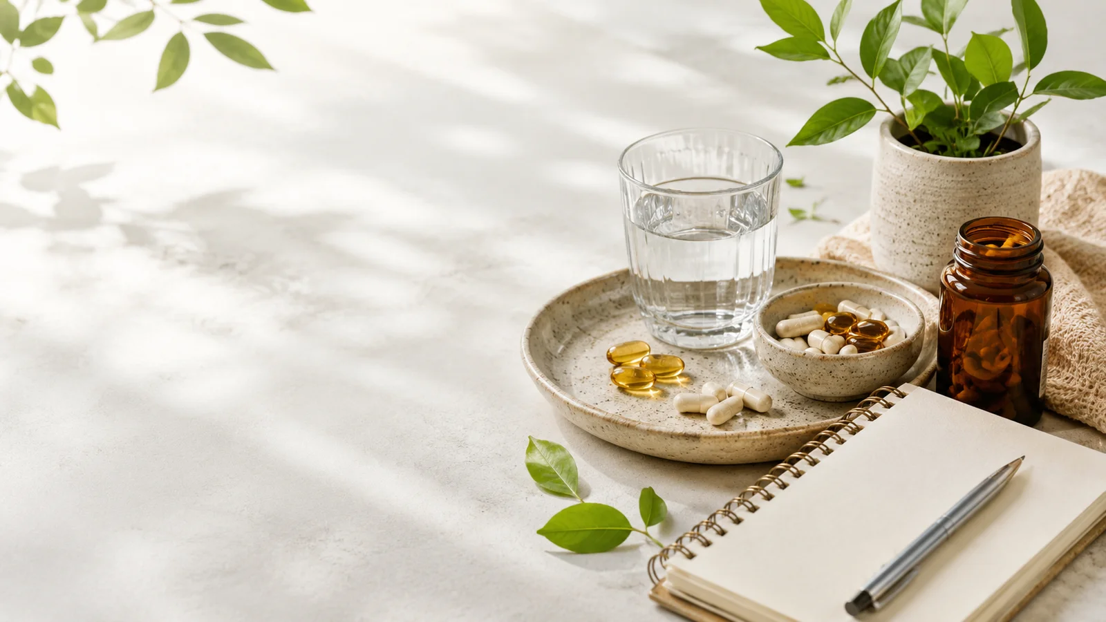 Nature morte santé avec compléments, plantes et verre d'eau