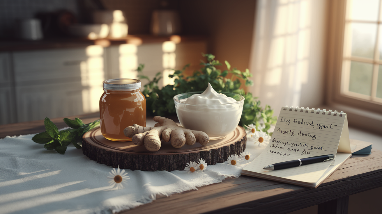 Miel, gingembre frais, yaourt nature et camomille sur une table de cuisine