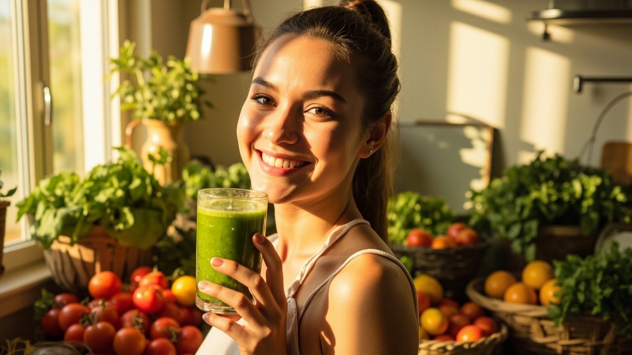 Verre de jus de légumes verts entouré de produits frais dans une lumière dorée
