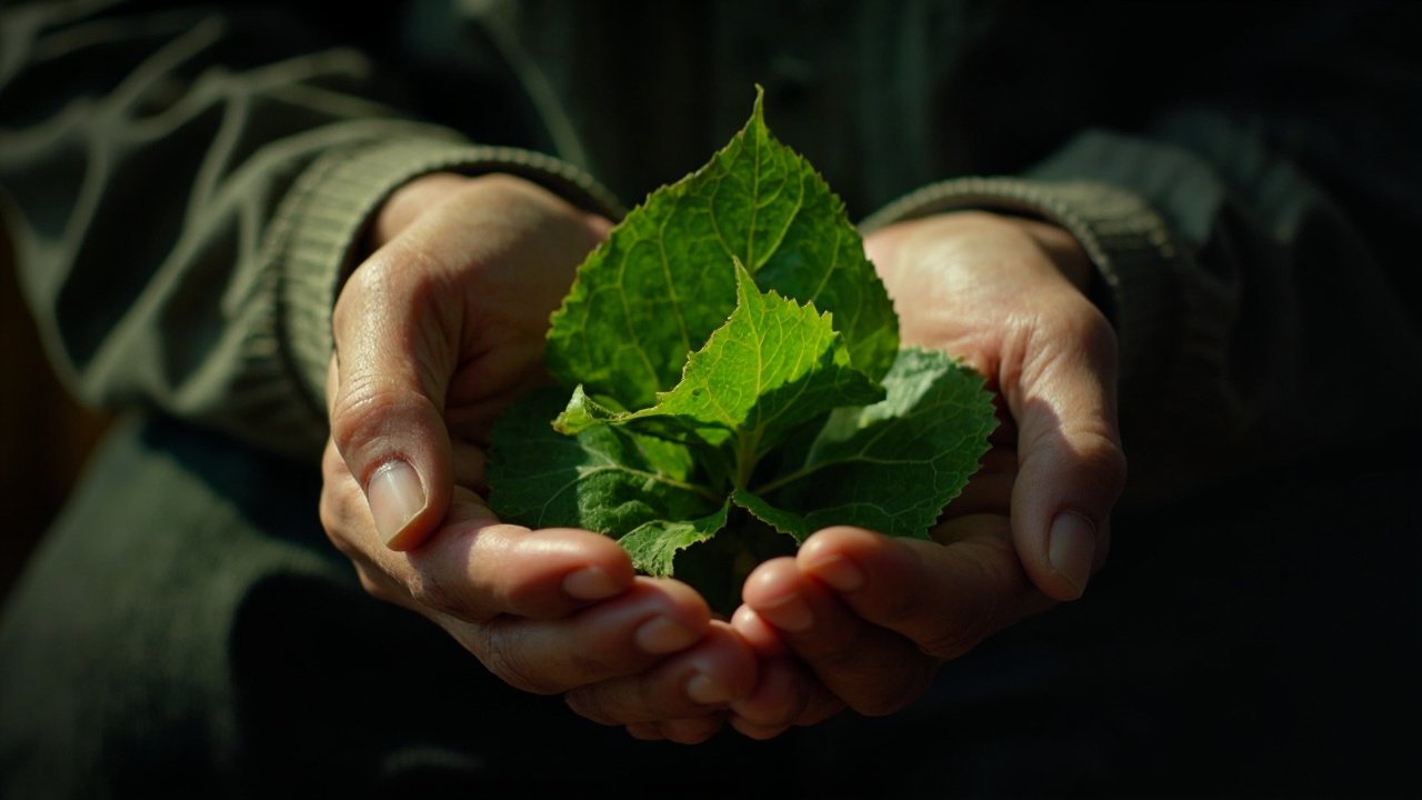 Mains tenant de jeunes feuilles vertes dans une lumière rasante